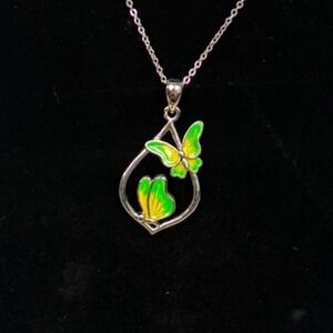 925 Sterling Silver Butterfly Enamel Pendant Necklace Teardrop Vintage Style